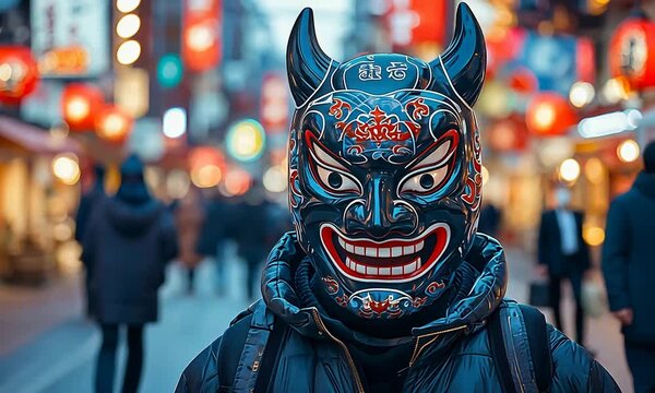 Intense traditional demon mask worn by person on vibrant, blurred downtown street at night.