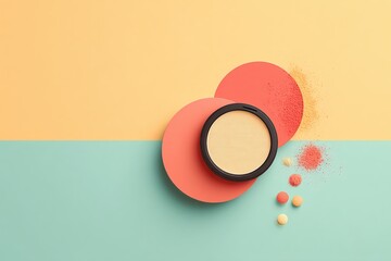 Obraz premium Beauty Makeup Compact with Powder and Colored Sponges on Pastel Background for Beauty and Cosmetics Concept