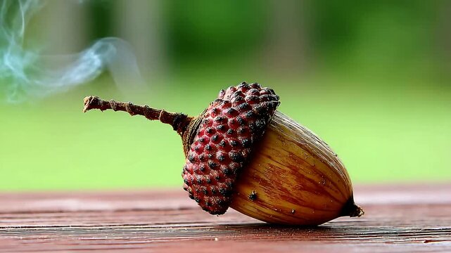 Intriguing acorn with a vibrant red cap and stem gently smoking on a wooden surface.