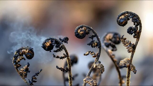 Mysterious Dark Fiddlehead Fern Fronds Unfurling with Ethereal Smoke in Natural Setting.