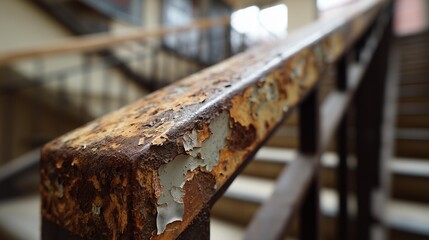 Close-up of a weathered metal railing with peeling paint and rust in an indoor stairwell