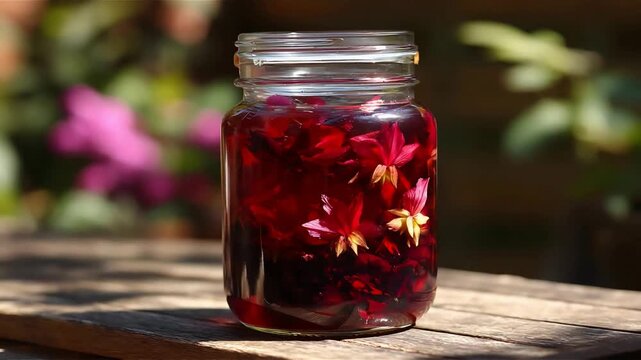 Vibrant Red Flower Petals Infusing in Liquid Inside a Glass Jar Outdoors.