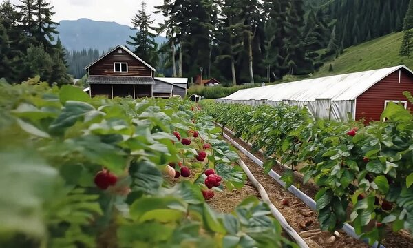 Lush Raspberry Farm with Ripe Red Berries and Rural Buildings in a Scenic Mountain Valley.