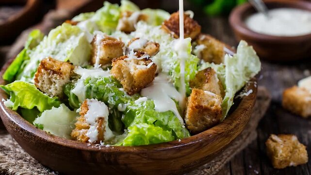 Delicious Caesar Salad with Creamy Dressing Poured Over Fresh Green Lettuce.