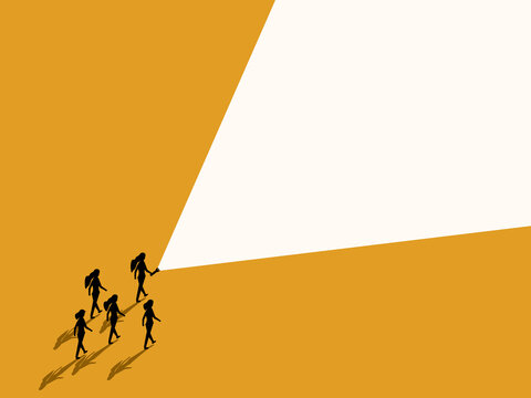 businesswoman with a flashlight to guide her team