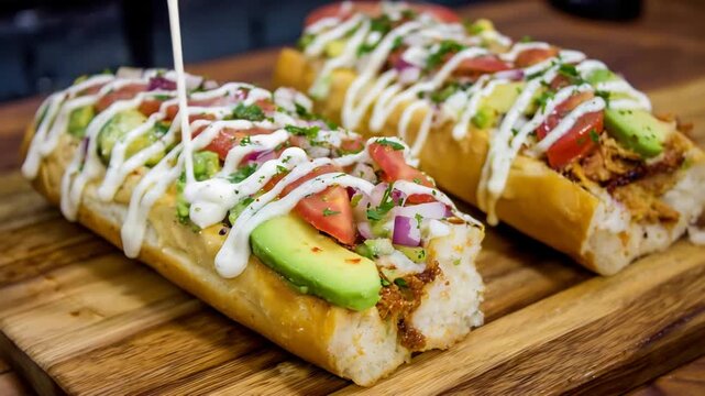 Delicious Gourmet Sandwiches with Fresh Avocado, Tomato, and Onion Getting Drizzled with Creamy Sauce.