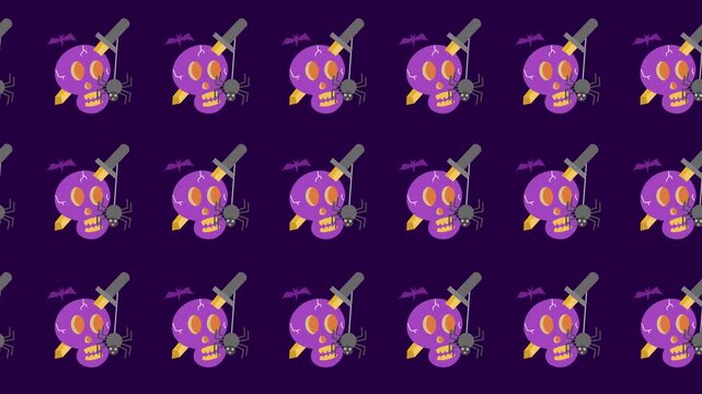 Seamless pattern of spooky halloween skulls, daggers, and spiders icons in a tile background animation. Repeating cartoon wallpaper with purple skull and bat horror symbol. Abstract halloween backdrop