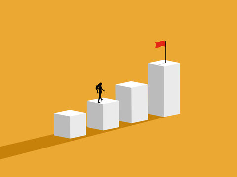 businesswoman is walking on a bar graph towards her target