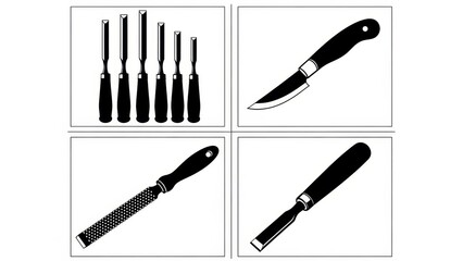 Set of woodworking tools: chisels, rasp, and knife on white background