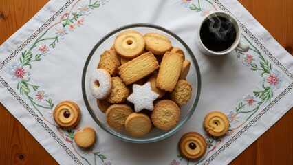Fototapeta premium omemade cookies in a glass bowl on a tablecloth with floral embroidery are a great option for a light snack with coffee or tea. AI generated.