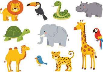Cute wild animals cartoon vector set with lion elephant giraffe turtle snake parrot and safari animals © Rozina Creative