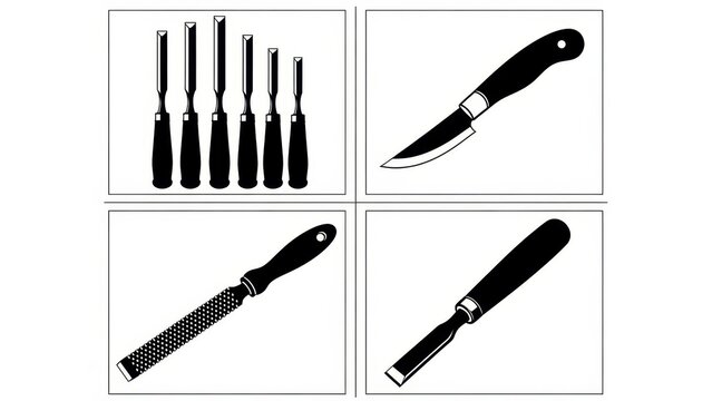 Set of woodworking tools: chisels, rasp, and knife on white background - Powered by Adobe