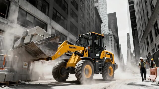 Compact loader navigating tight urban construction site demonstrating efficient material handling in confined city environments.