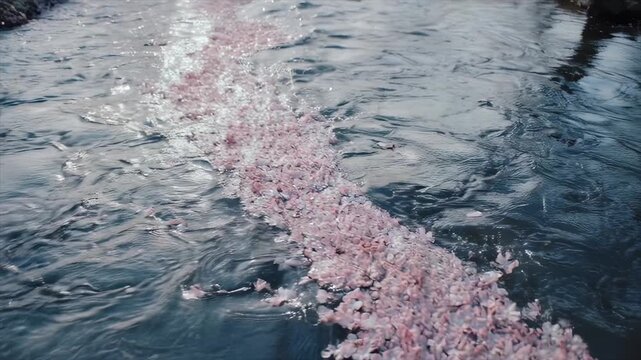 川面を埋め尽くす花筏（はないかだ）のクローズアップ動画