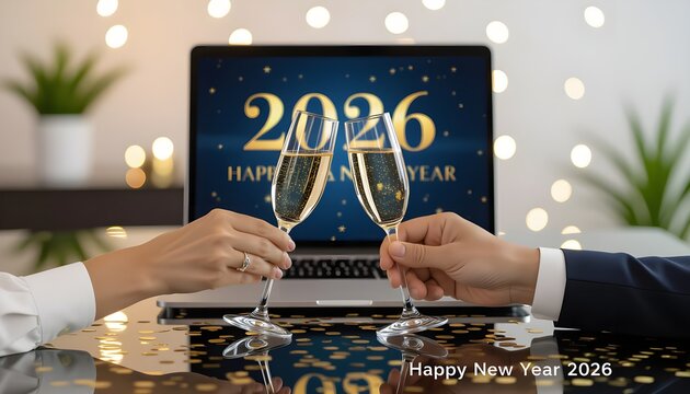 Photorealistic desk/office scene for New Year 2026. Two hands clink champagne glasses over a sleek glass desk