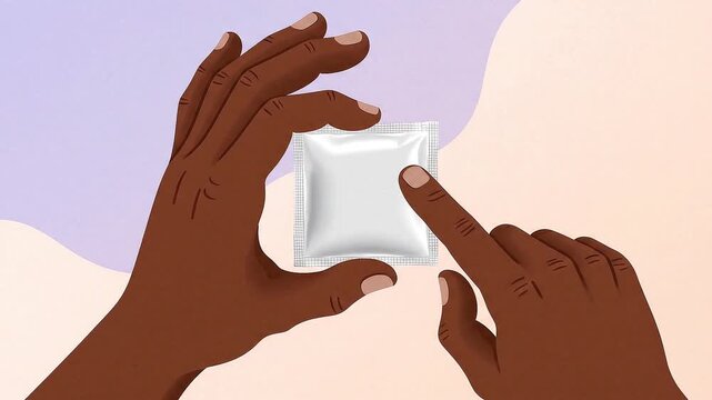 A dark hand holds a small white object while another hand points to it