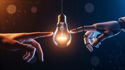 Innovative concept of human hand and robotic hand reaching towards a glowing light bulb symbolizing technology and human robot collaboration in innovation