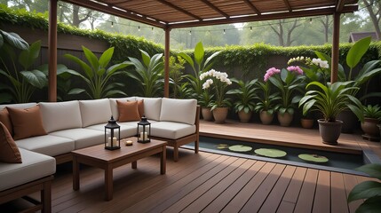 Serene outdoor patio with comfortable seating and lush greenery