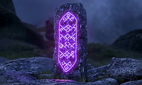 Mysterious Ancient Rune Stone Glowing with Magical Purple Light at Twilight in a Rugged Landscape.