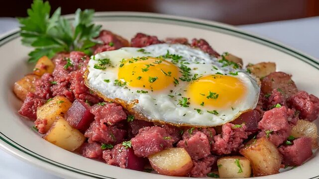 Hearty Corned Beef Hash with Perfectly Fried Eggs for a Delicious Breakfast Meal.