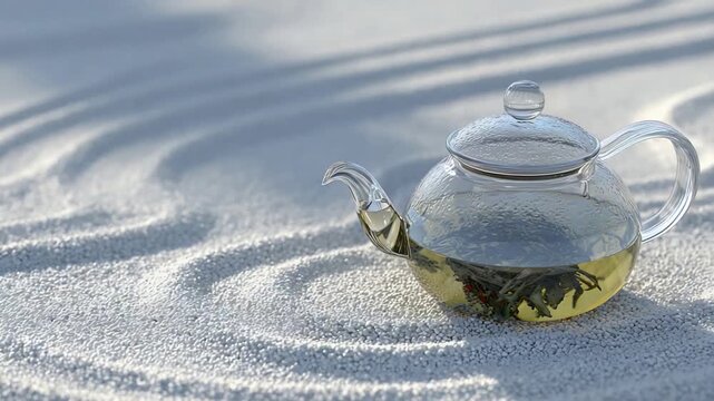 Peaceful Brewing Green Tea in Glass Teapot on Raked Zen Garden Stones.