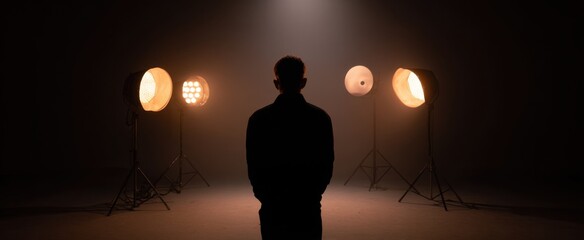 the person dances with shadows in a photo studio environment
