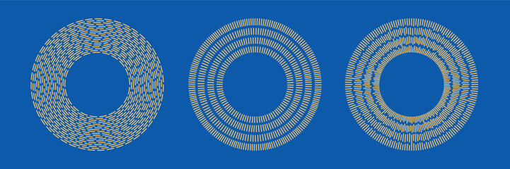 Concentric gold line radial circles, suns, starbursts. Abstract bohemian style decorative geometric shapes. Retro vector icon