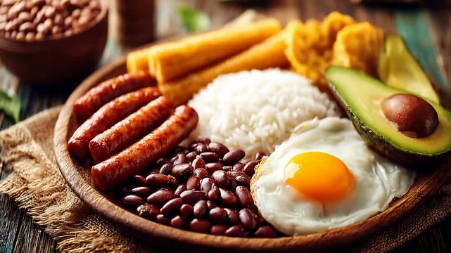 Hearty Traditional Breakfast or Lunch Featuring Sausages, Beans, Rice, Fried Egg, and Fresh Avocado.
