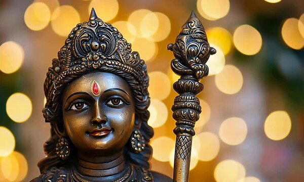 Ornate Hindu Deity Statue with Golden Bokeh Background for Spiritual and Cultural Themes.