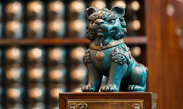 Ornate Turquoise Foo Dog Statue with Intricate Carvings Displayed Indoors.