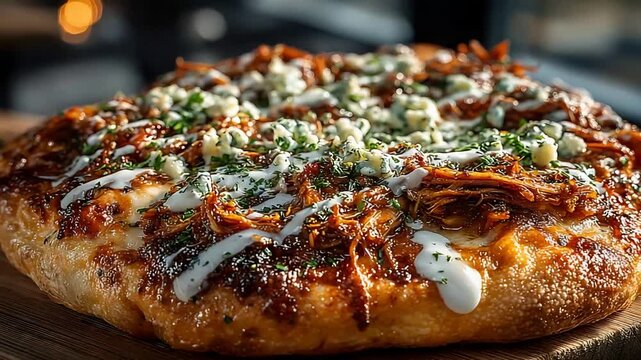 Savory BBQ Pulled Chicken or Pork Flatbread Pizza with Blue Cheese and Ranch Drizzle.