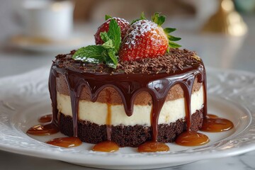 Layered chocolate cake on plate