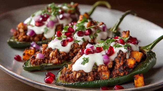 Gourmet Stuffed Poblano Peppers Plated with Creamy Sauce, Pomegranate, and Fresh Herbs.