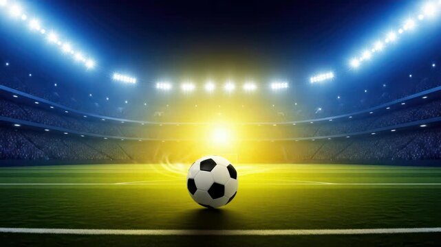 Soccer ball on field under stadium lights, sports arena, championship concept