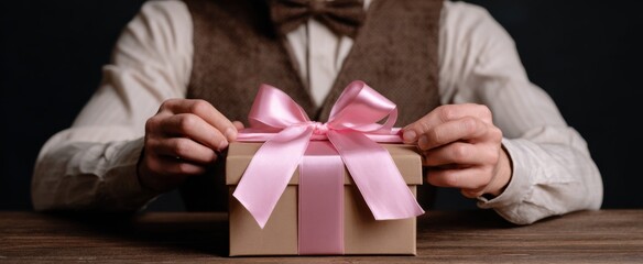 the individual wrapping a bow around a gift box