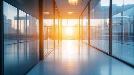 Empty office corridor with glass walls bathed in warm sunlight, symbolizing professionalism, modern architecture, clarity, opportunity, and a bright, inspiring business environment.