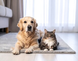 Dog and cat lying side-by-side in a cozy indoor setting