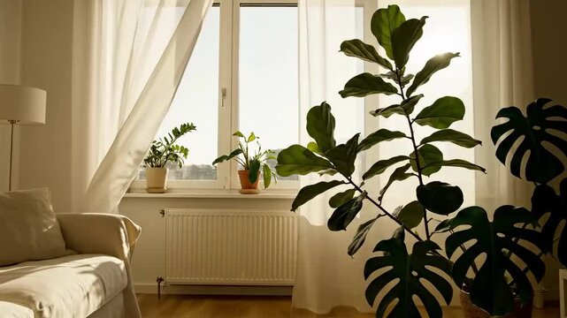 Gentle Breeze And Sunlight Flowing Through Sheer Curtains In A Bright Minimalist Home Interior