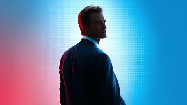 The Confident Leader: A distinguished figure, draped in a business suit, gazes towards a brighter future, silhouetted against a backdrop of dynamic color gradients, embodying purpose and ambition. 