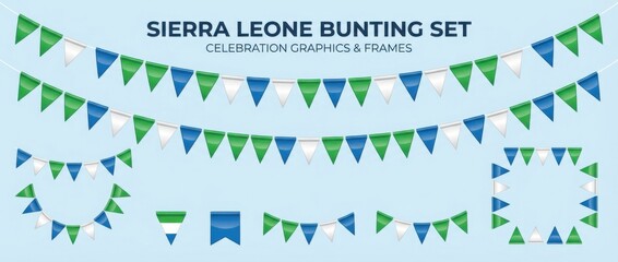 sierra leone triangular flag bunting garland graphic design set featuring celebratory pennant banners in national flag colors