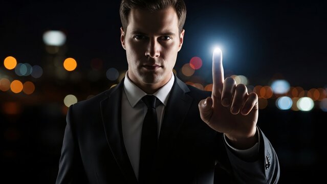 Businessman in dark suit pressing a glowing button on a digital interface with blurred city lights background for technology innovation and corporate success - Powered by Adobe
