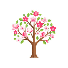 Obraz premium Blooming Cherry Blossom Tree with Pink Flowers and Green Leaves, Spring Season, Isolated