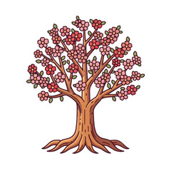 Fototapeta premium Spring Blooming Cherry Blossom Tree with Pink Flowers and Roots, Isolated on White Background