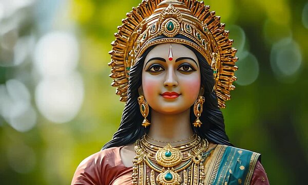 Serene Hindu Goddess Statue with Golden Crown and Traditional Ornaments in Nature.