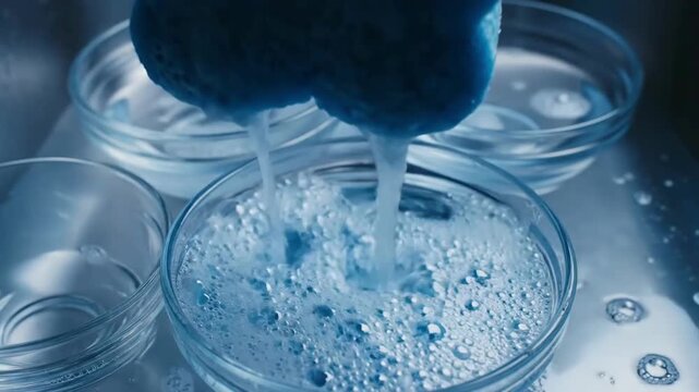 Gentle Cleaning Motion: Water, Soap Bubbles, And Glassware Under Soft Light Reflections