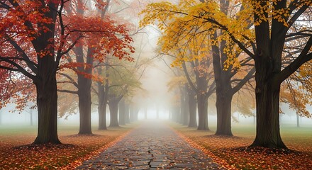 Tall deciduous trees line a misty pathway showcasing vibrant fall foliage colors