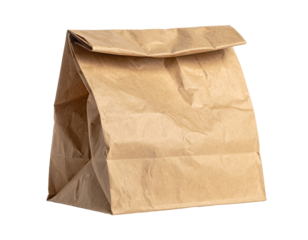 A crumpled, brown paper bag, likely for a lunch or takeout, isolated against transparency