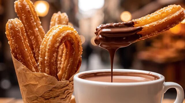 Delicious churros with sugar in a paper bag and a cup of hot chocolate