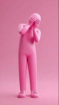 Pink Figure Covering Face in a Monochromatic Studio.