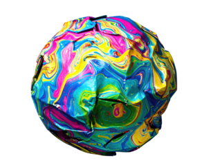 A vibrant, swirling, abstract sphere of multicolored paint with crinkled and textured surface
